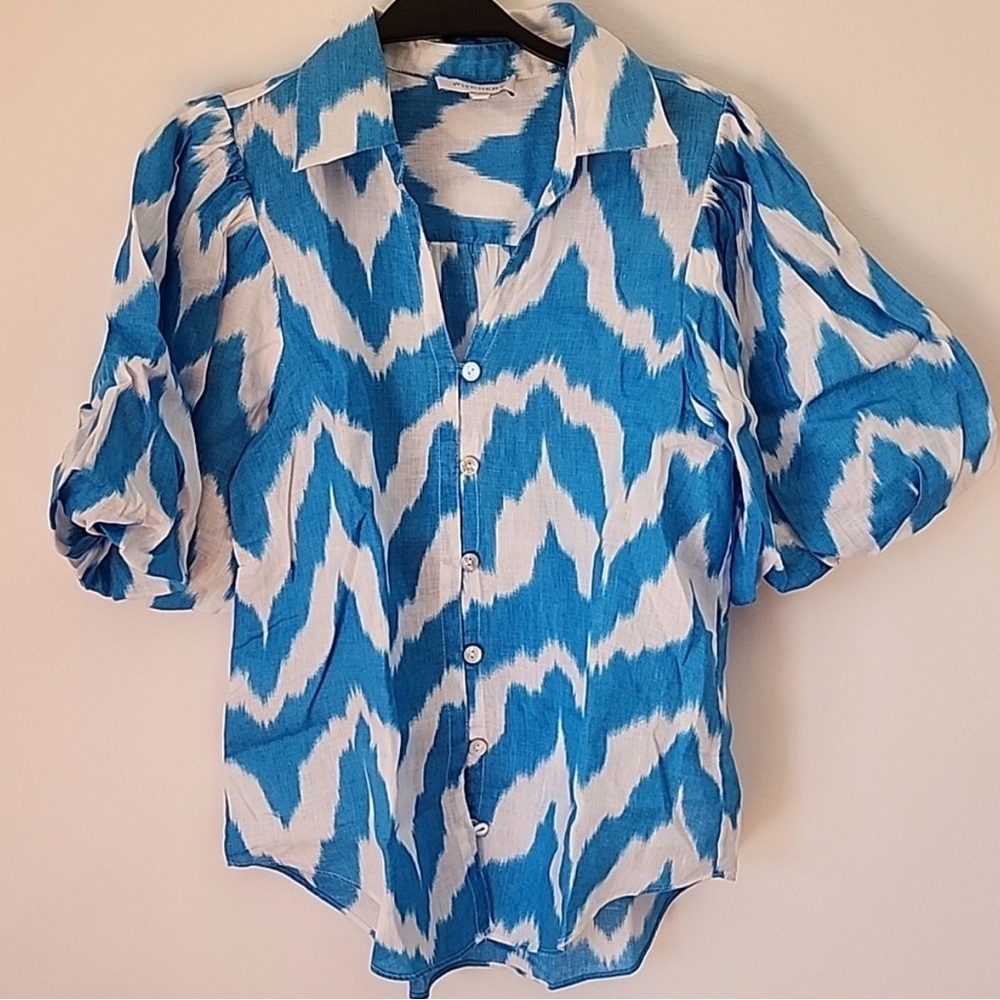 Witchery Blue & White linen Puff-Sleeve Blouse